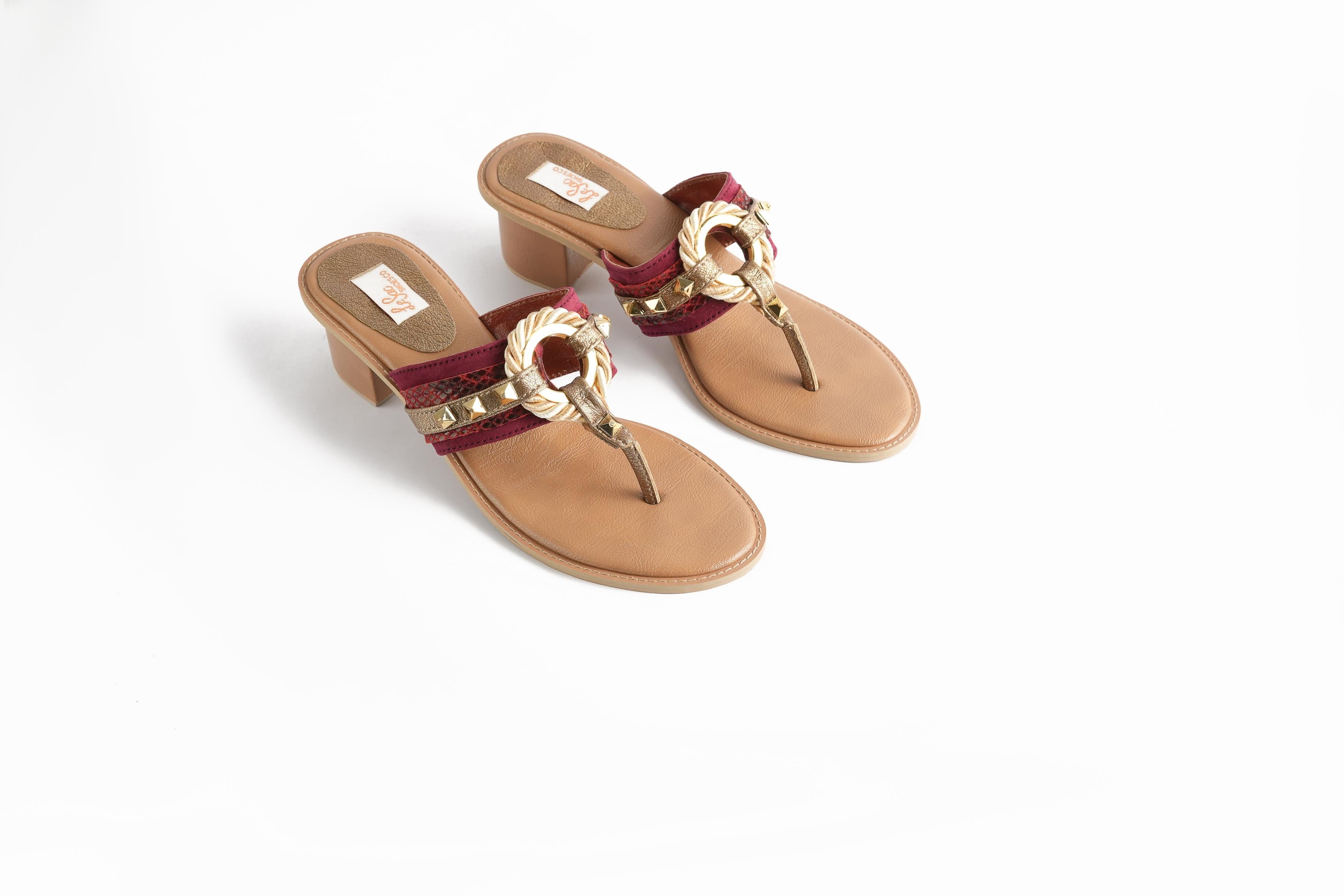 Heeled Leather Sandals with Silk Braid and Ring Detail