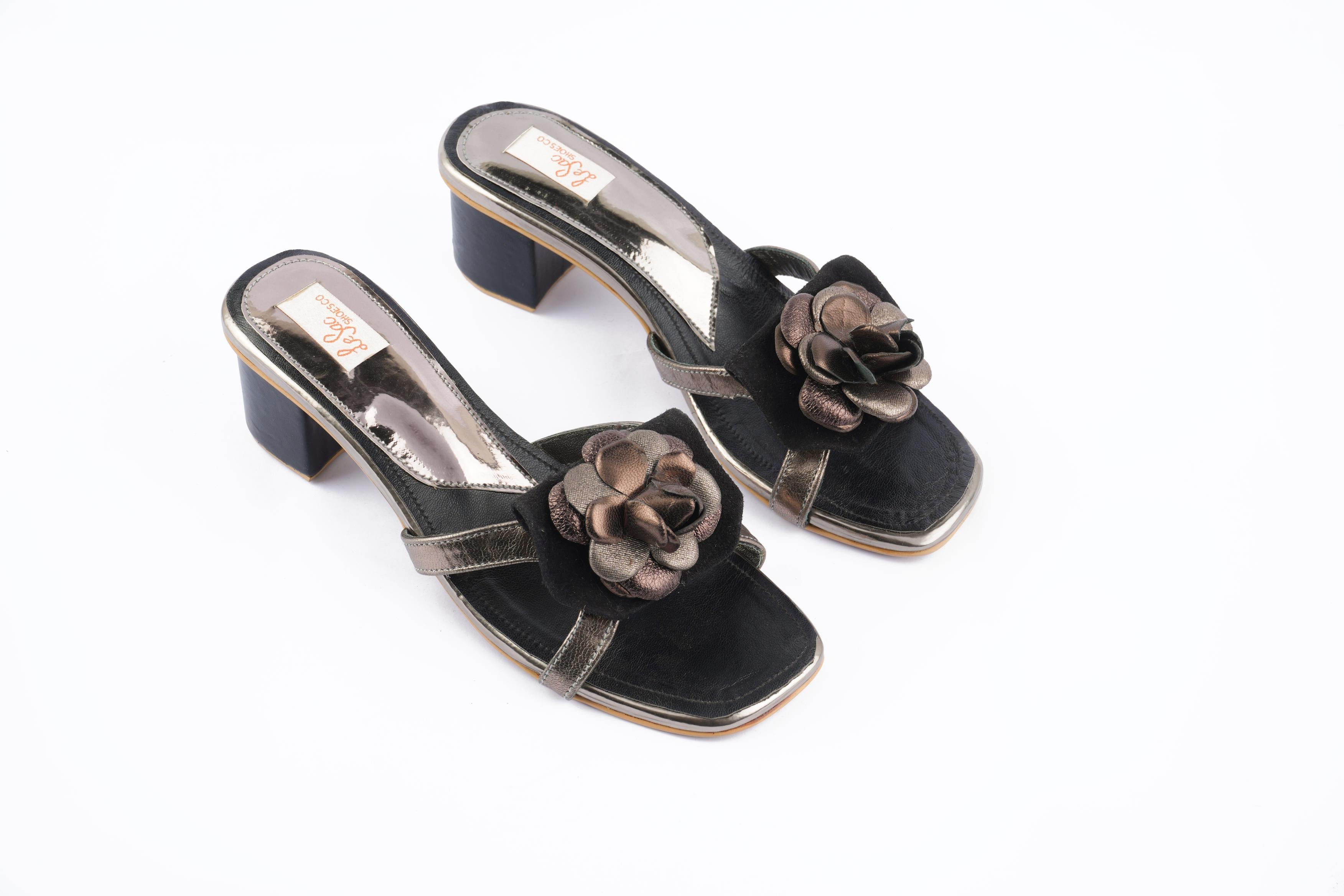 Heeled Leather Sandals with Handcrafted Floral Accent