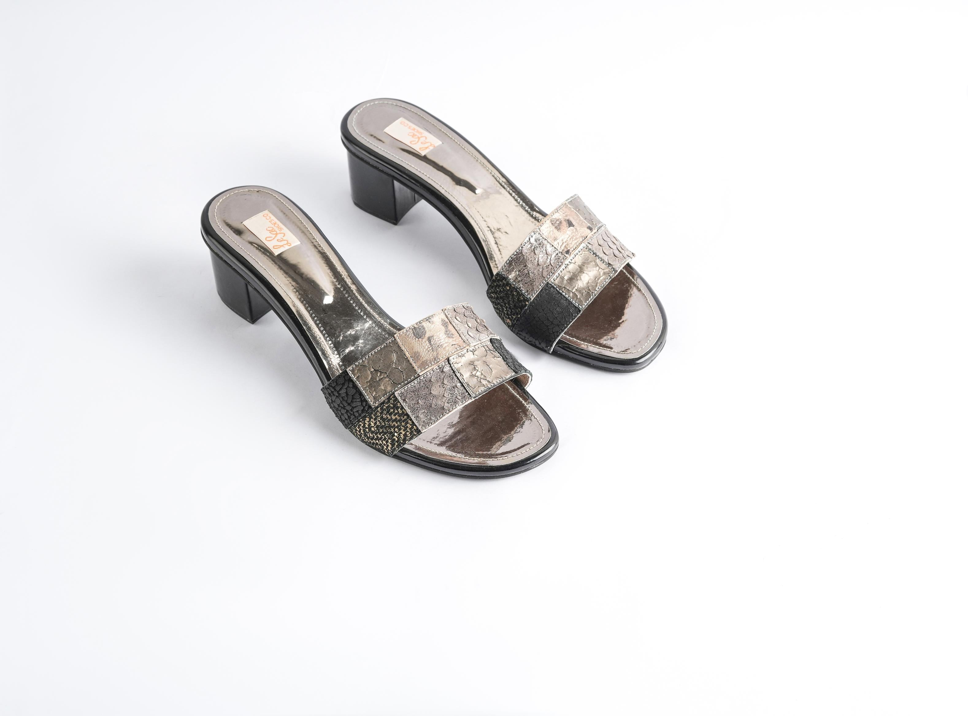 Heeled Leather Sandals with Bold Multi-Pattern Strap