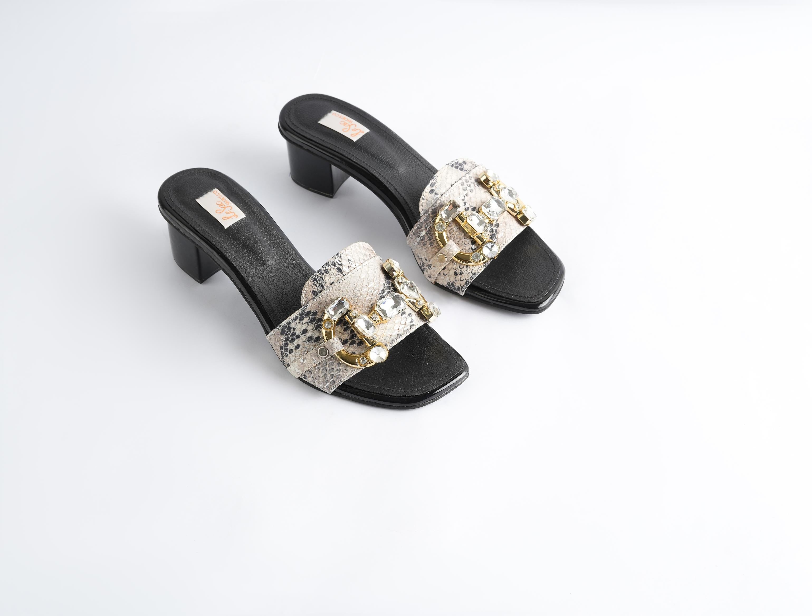 Heeled Leather Sandals with Buckle and Stone Details