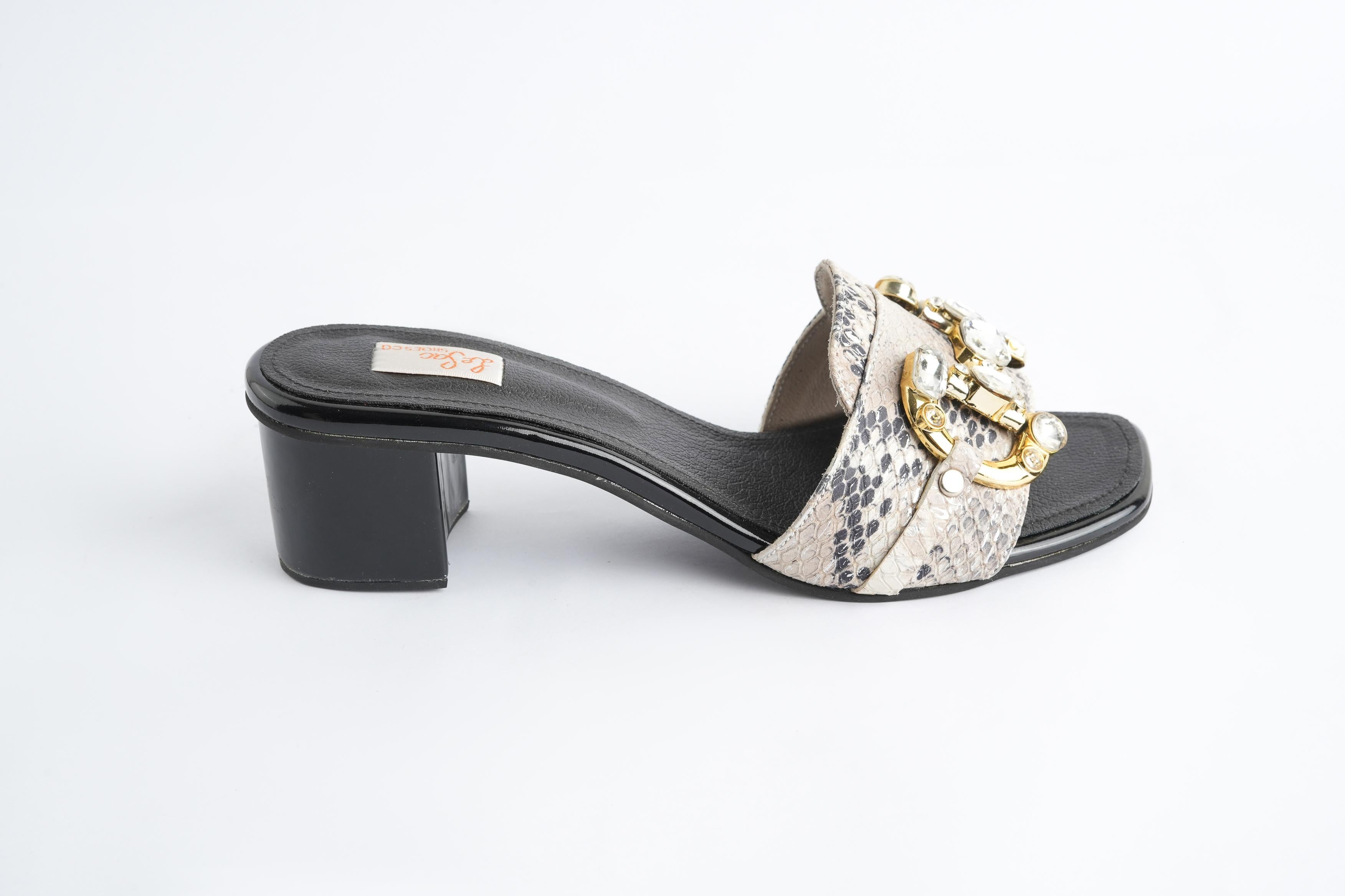 Heeled Leather Sandals with Buckle and Stone Details