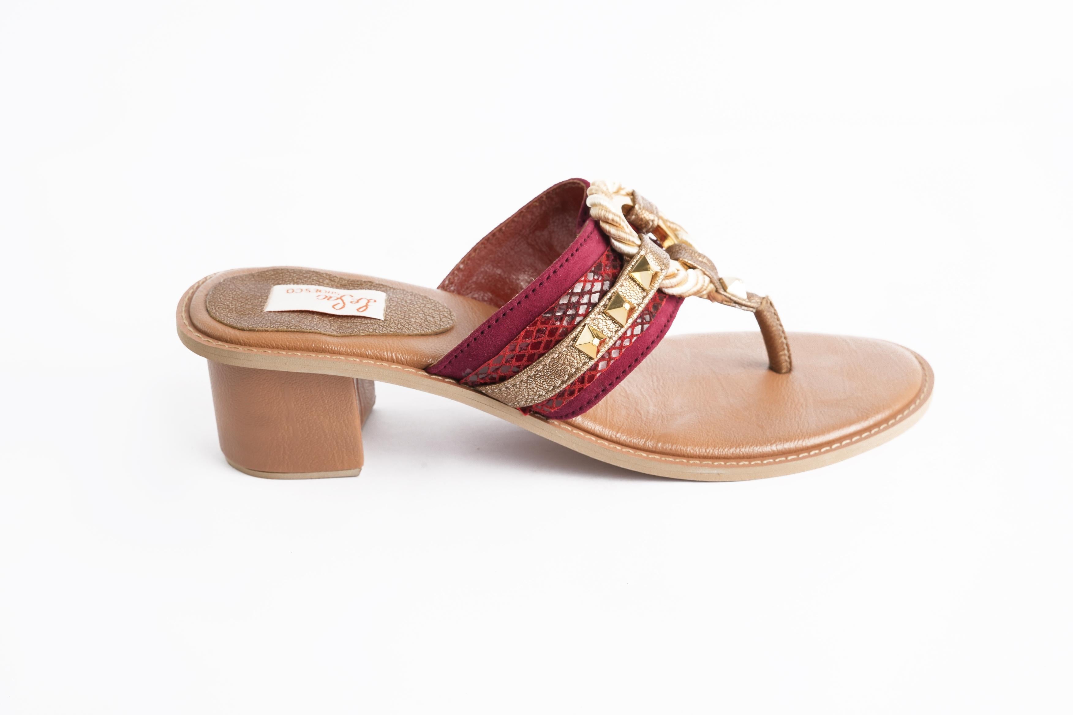 Heeled Leather Sandals with Silk Braid and Ring Detail