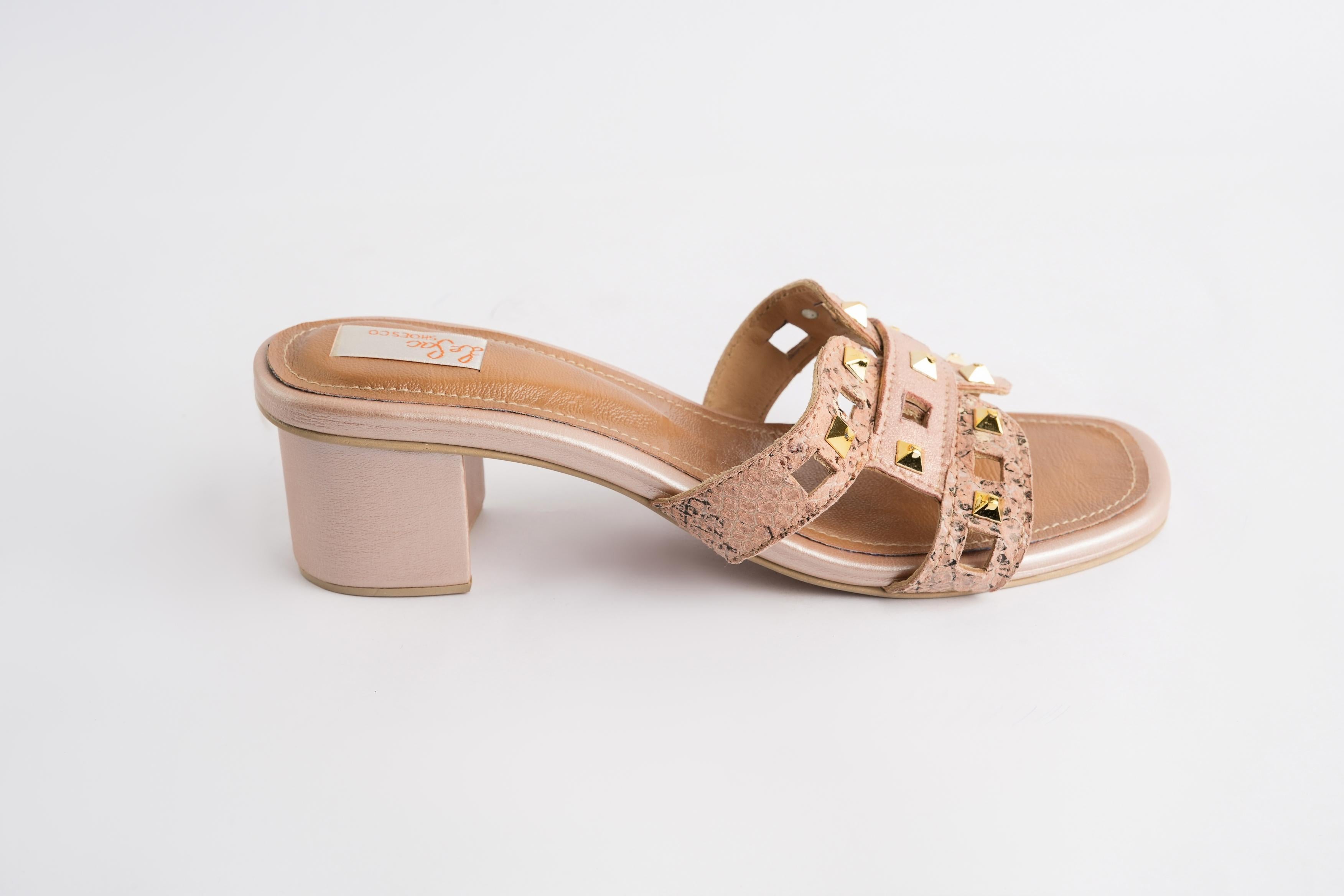 Leather Heeled Sandals with Metal Studded Strap