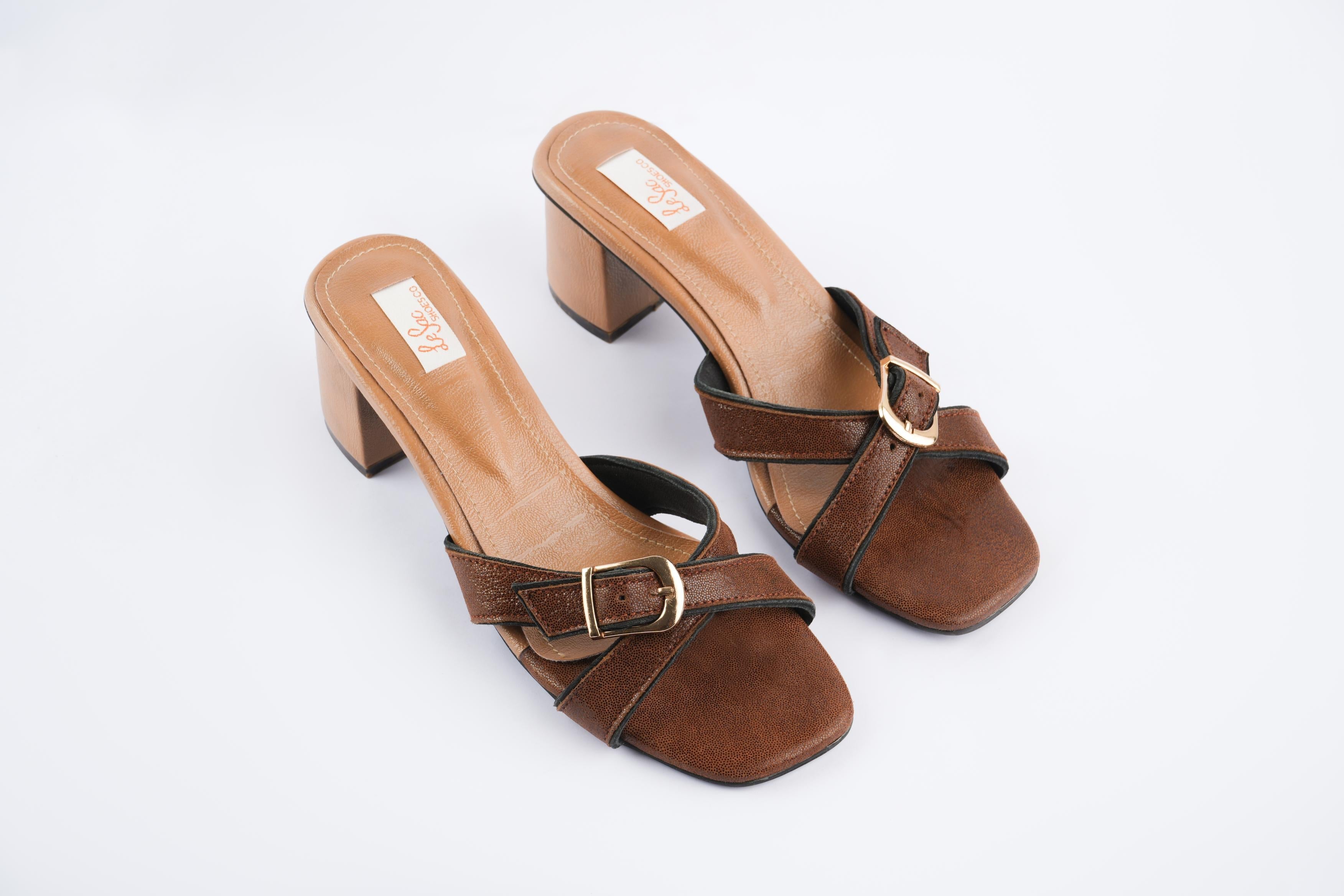 Leather Heeled Sandals with Cross Strap and a Buckle